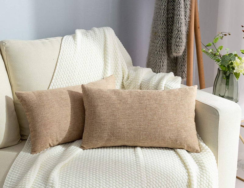 Stellhome مستطيل مزرعة الخيش رمي وسادة يغطي الصلبة الكتان وسادة للسرير الأريكة أريكة مقعد مجموعة من 2 12 × 20 بوصة (30 × 50 سم) الكتان الطبيعي - Image 1